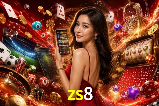 Una escena digital vívida inspirada en casino con zs8 mostrado prominentemente, luces brillantes, fichas, cartas y acentos dorados.