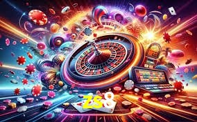 Escena dinámica inspirada en casino con iluminación zs8, cartas, fichas e íconos de juegos digitales en un espacio moderno de juegos.