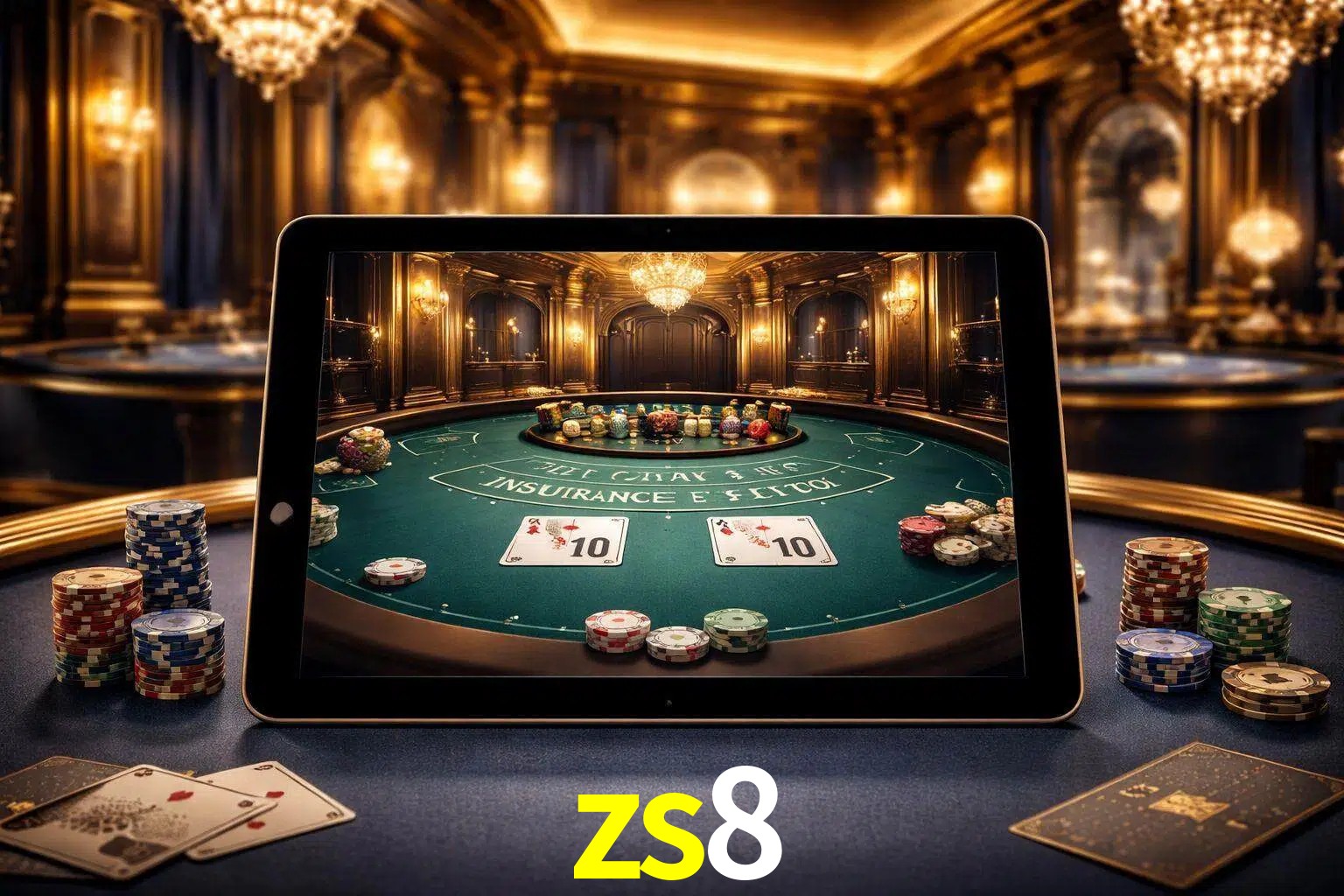 Configuración moderna de casino en vivo con una tableta mostrando una mesa de blackjack, luces cálidas de estudio y una atmósfera elegante de juegos digitales.