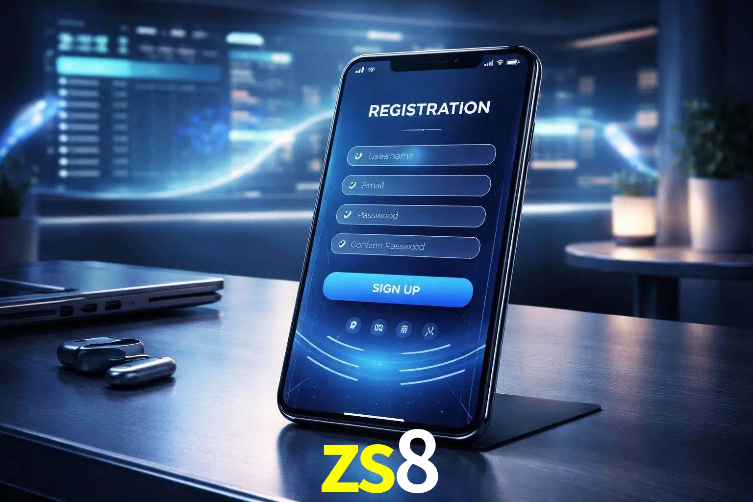 Una interfaz moderna de registro móvil para zs8 mostrada en un smartphone con un panel de apuestas elegante.